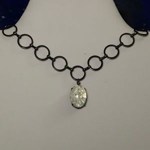 Vibrant White Jelly Opal w Silver Dragons Breath on Black Link Chain